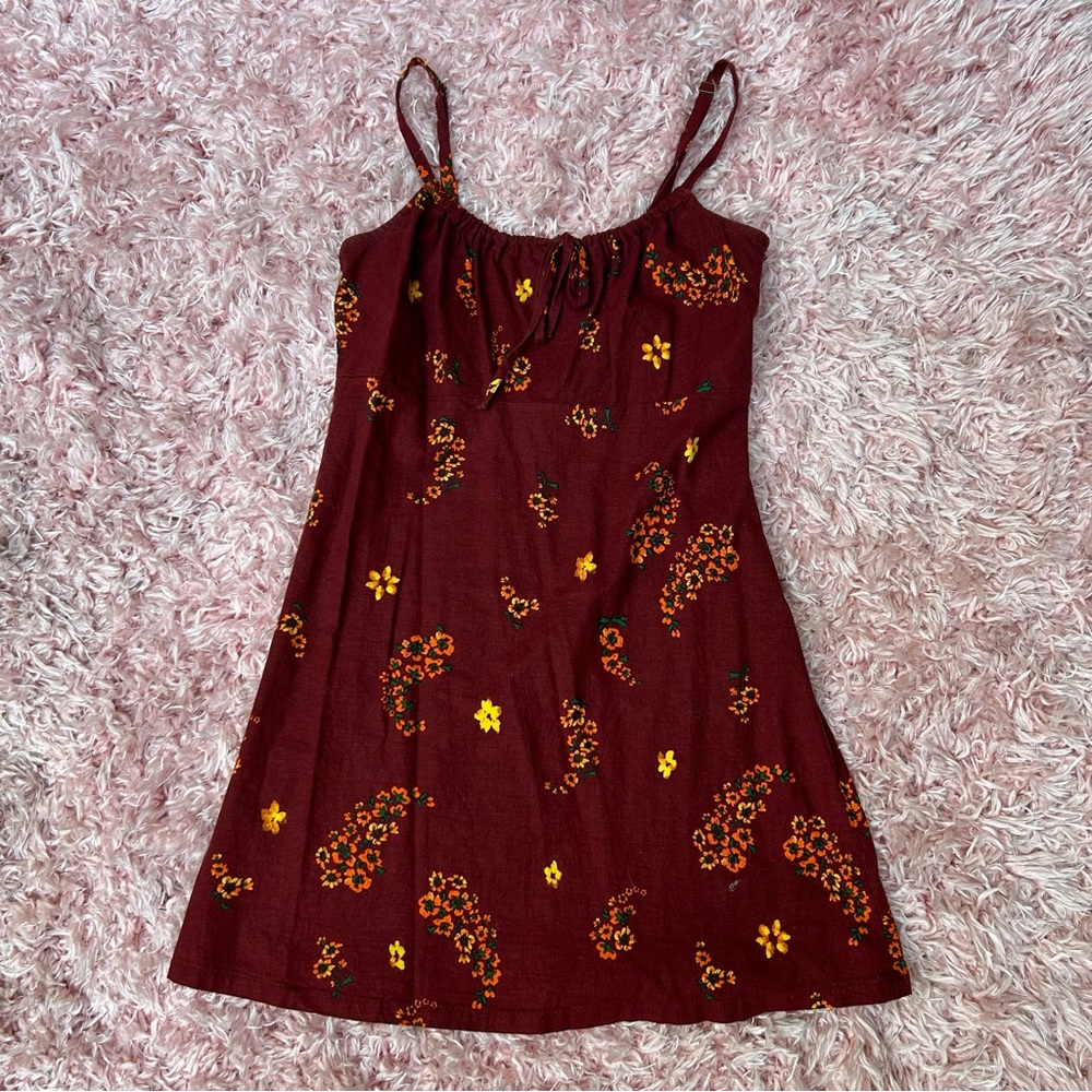 Urban Outfitters Ester linen tie-front floral brown mini dress, size small